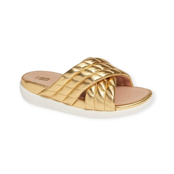 FitFlop 𖣴 Loosh Ltd Ed Diamond Quilted Slide Sandal 𖣴 Metallic Gold Leather 𖣴 6M - Picture 1 of 16